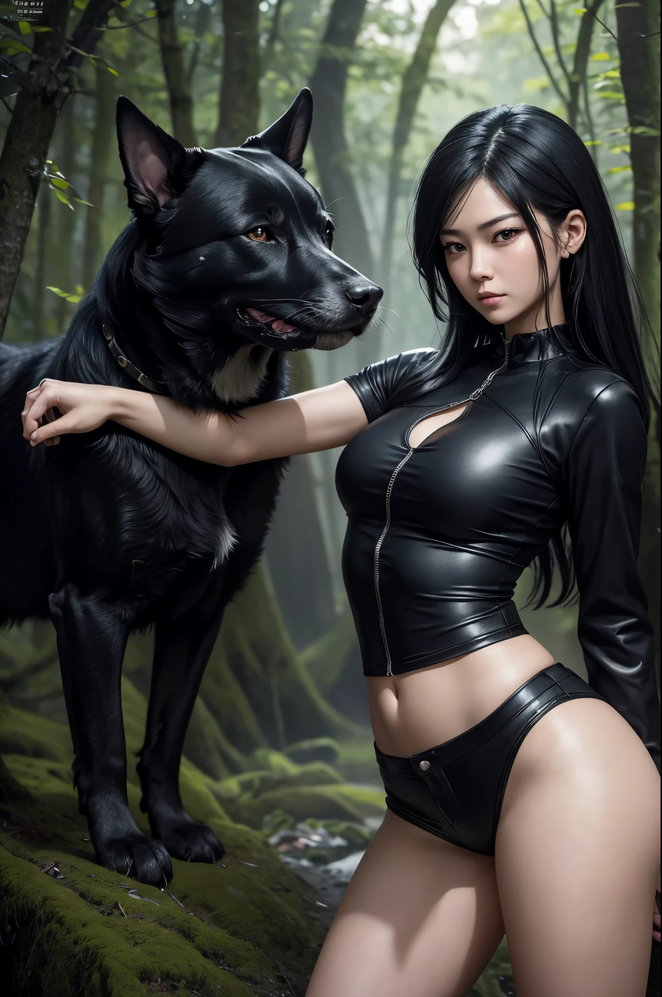 8K,40-year-old middle-aged woman,Female dog girl wearing black clothes, 黒と白のモヒカンヘアの髪を持つenticingな女の子, Fantasyart, 40 year old woman with mature dog, wojtek fus, 黒と茶色のA sexyな衣装を着ている, Chiquita, Trending on CGSTATION,in woods,Rugged look,black and shorts,enticing,超A high resolution,real looking skin,combat scene,action scene,actionpose,emit an aura from the body(Dragon Ball style)irate,emit,A sexy,View here,long dog nails,Dog personification,dog ears,