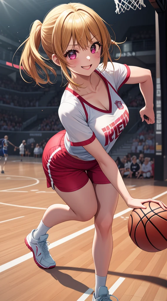 anime, beautiful face, highly detailed face, 2 accurate legs, pink detailed eyes, highly detailed background, perfect lighting, accurate arms, accurate hands, accurate fingers, blonde hair, full body, 1girl, solo, ruby hoshino, oshi no ko, outdoors absurdres, high res, ultrasharp, 8K, masterpiece, looking at the opponent, (full body:1.4), teasing smile, basketball t-shirt, tight sport shorts, playing basket ball against someone, cleavage, on a basketball pitch, running towards viewer, basketball