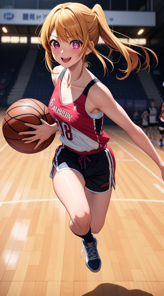 anime, beautiful face, highly detailed face, 2 accurate legs, pink detailed eyes, highly detailed background, perfect lighting, accurate arms, accurate hands, accurate fingers, blonde hair, full body, 1girl, solo, ruby hoshino, oshi no ko, outdoors absurdres, high res, ultrasharp, 8K, masterpiece, looking at the opponent, (full body:1.4), teasing smile, basketball t-shirt, tight sport shorts, playing basket ball against someone, cleavage, on a basketball pitch, running towards viewer, basketball