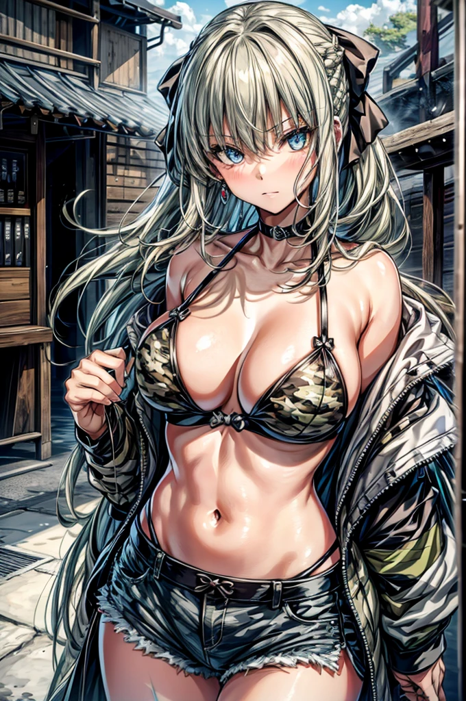 (Enrich the picture,Masterpiece level quality)Beautiful 8K CG artwork,1girl,solo,morgan le fay (fate),detailed face, perfect face, perfect eyes,blue eyes,Long Hair, pony tail,Very long hair, big boob, black bow,Hair Bow, thights,side locks, French braid, grey hair,chuckle,Goddess-like posture,Kneeling exercise,Slim and soft,big breasts,Black Bikini,denim short shorts,military camouflage jacket,