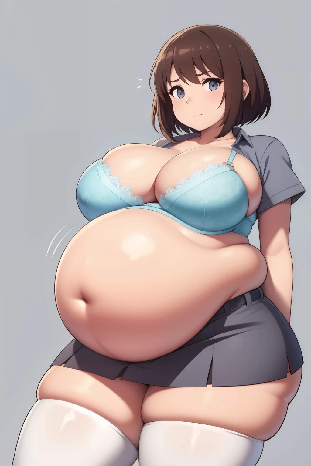 art by kipteitei, masterpiece, best quality, correct anatomy, beautiful woman, high quality, volumetric lighting, intricate details, 1girl, solo, looking at viewer, shy look, short hair, light brown hair, (big belly, wide hips:1), :q, grey skirt, white button-up, HD, anime, sharp, extremely coloured, curvy, voluptupus, navel, thick ass, thick thighs, skindentation, (simple background:1.2), round belly, bloated belly, gigantic belly, undersized clothes, (micro bra), jiggly belly, bulging belly, gigantic breasts, hyper belly, thigh highs