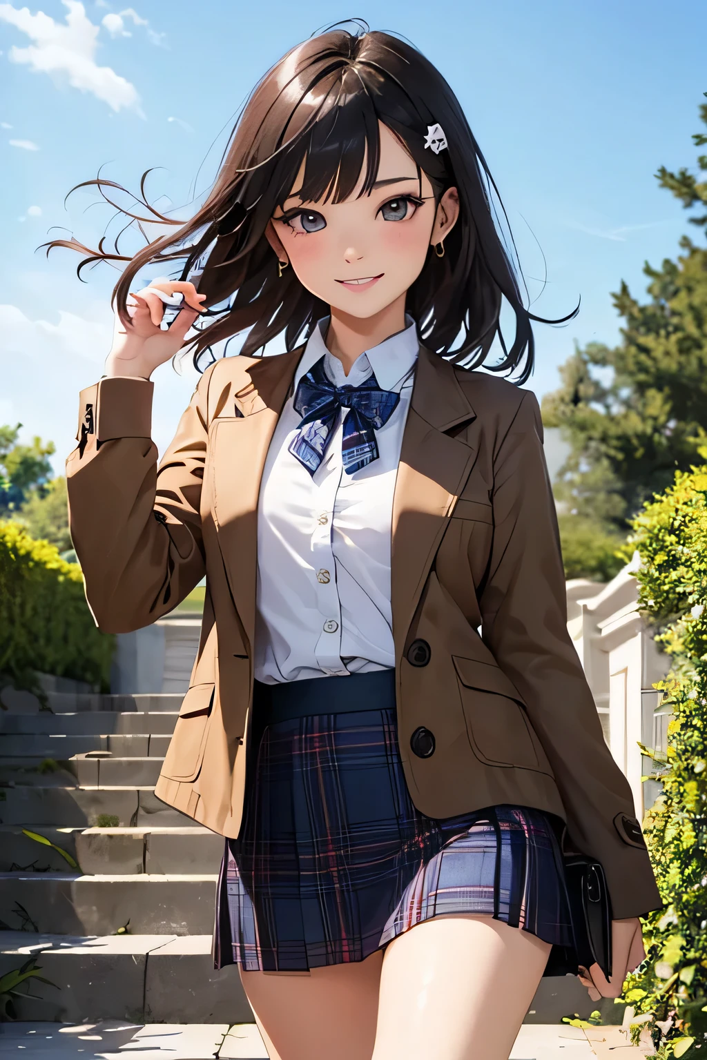 Very cute and beautiful girl,(very detailed beautiful face and eyes:1.2),(Smile),Cowboy Shot,
(Brown jacket:1.2),Collared shirt,Checkered bowtie BREAK Detailed legs,zettai ryouiki,Brown shoulder bag,(Brown boots:1.2),
stylish pose,Dynamic Angle,Hair Ornament,Black hair,(Blue plaid mini skirt:1.2),Rose garden arbor,stone stairs,
(Best Quality,masutepiece:1.2),(Intricate details:1.2),Extremely detailed,Ultra-detailed,hight resolution,Solo,
Hair fluttering in the wind,Beautiful detailed sky,