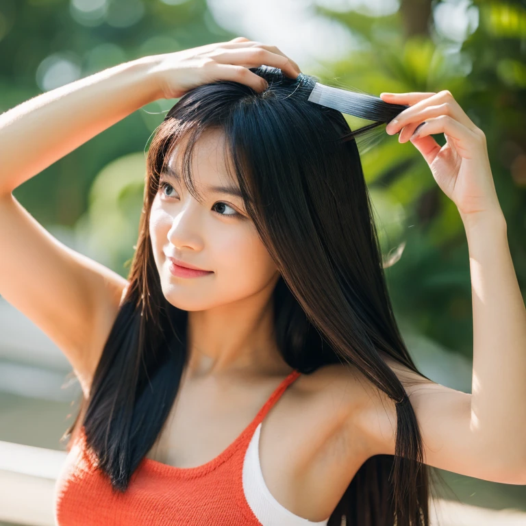 Beautiful woman combing her hair