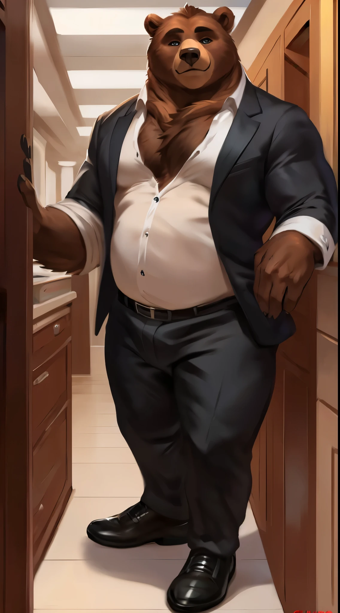 Solo, male, standing, (((bear))), big face, heavy, (broad shoulders, wide chest, big, massive, giant, big arms), standing, by chunie, by sonsasu, by danza, by taran fiddler, fullbody shot, fullbody view, feet, standing tall, ((tall)), office, white button up shirt, black dress pants, smirking, looking at viewer, black dress shoes