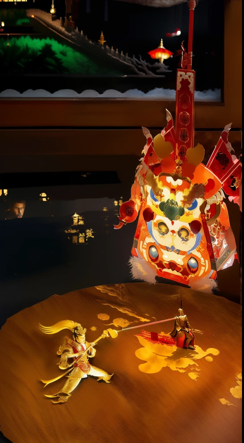 (((tmasterpiece))), Best quality at best,
((china tailoring art of sunwukong)), ((china tailorinultiple layers of complex cutting)), ((Each layer has a shadow)), (Round red background ), Single color per layer, forward light, (((Detailed handsome face)))