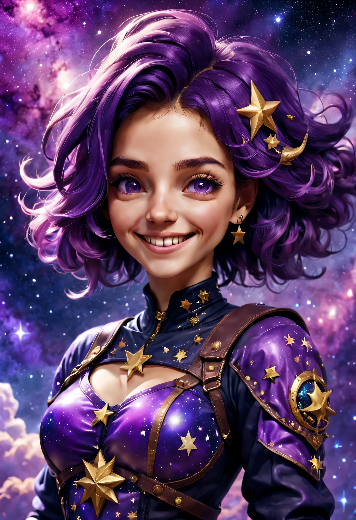 nwinkpunk, 1 italian girl, tmasterpiece, Best quality, (grin face), close up, Background with: Starry sky and zodiac signs, Nebula-like purple hue, Vast space, Award-Awarded, (high detal), Sharp, 8K, Popular topics on artstationh, iintricate