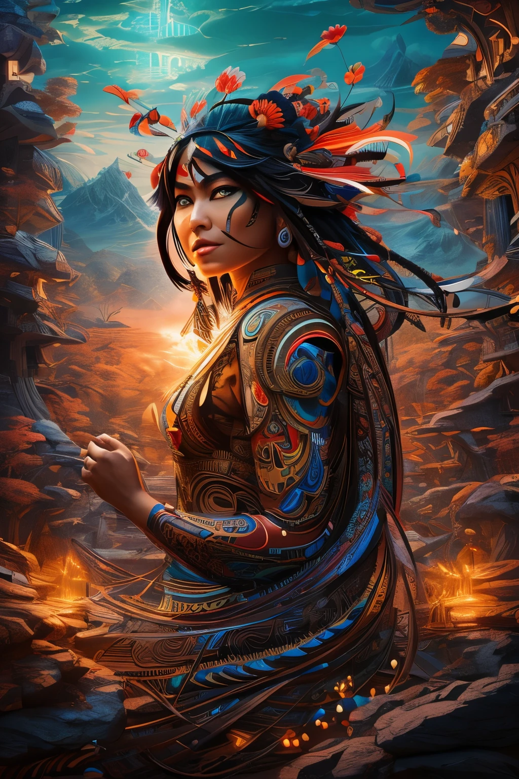 Create indigenous, tribal illustrations with a sharp focus, and highly detailed surrealism, fantasy art, use vibrant colors with detailed fine layered lines, portrait style photos of realistic Human Psyche. Cinematic, illustration, vibrant, anime, conceptual art. Use detailed light, cinematic futurism, 3D rendering, hyper detailed, magical and epic, light, emanating from the character. Use super fine layered lines with many details, use an 8k speed effect to create a cinema graph style 3d render, photo masterpiece. Sukiyaki-e style., conceptual art, poster, photo, 3d render, cinematic, dark fantasy, vibrant, portrait photography