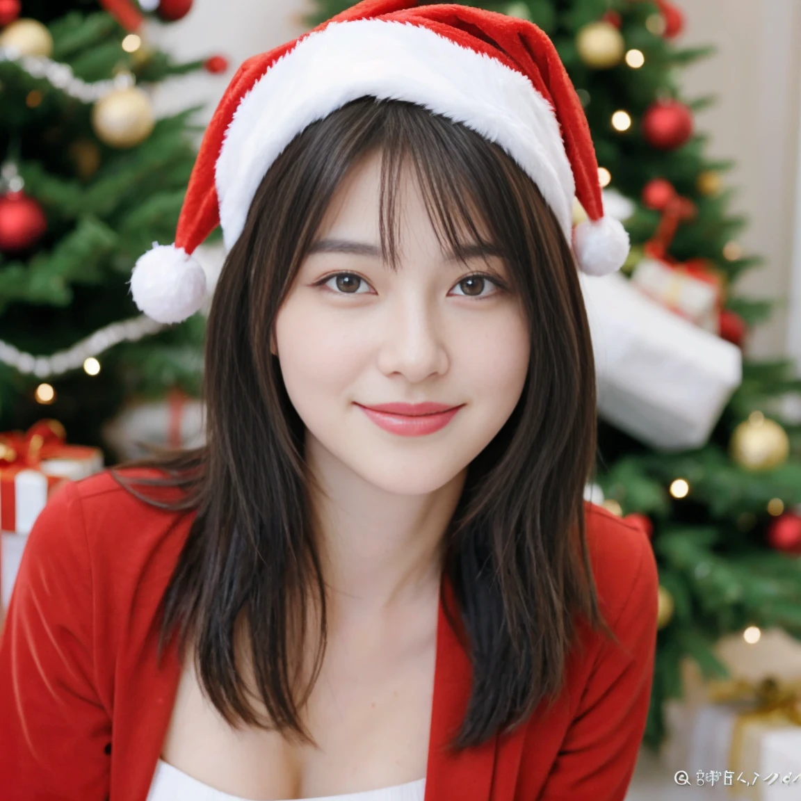 ((beste-Qualit, 10, masterpiece :1.3)), 1girls, Beautiful woman who concentrates on a slim stomach: 1.3, (Hairstyle Casual, small boobs: 1.0), Wear a red and green Santa suit.,Standing behind the Christmas tree: 1.2, interior, Ultra-detailed face, delicate eyes, 二重まぶた, Soft breasts, smile;Organize a Merry Christmas event