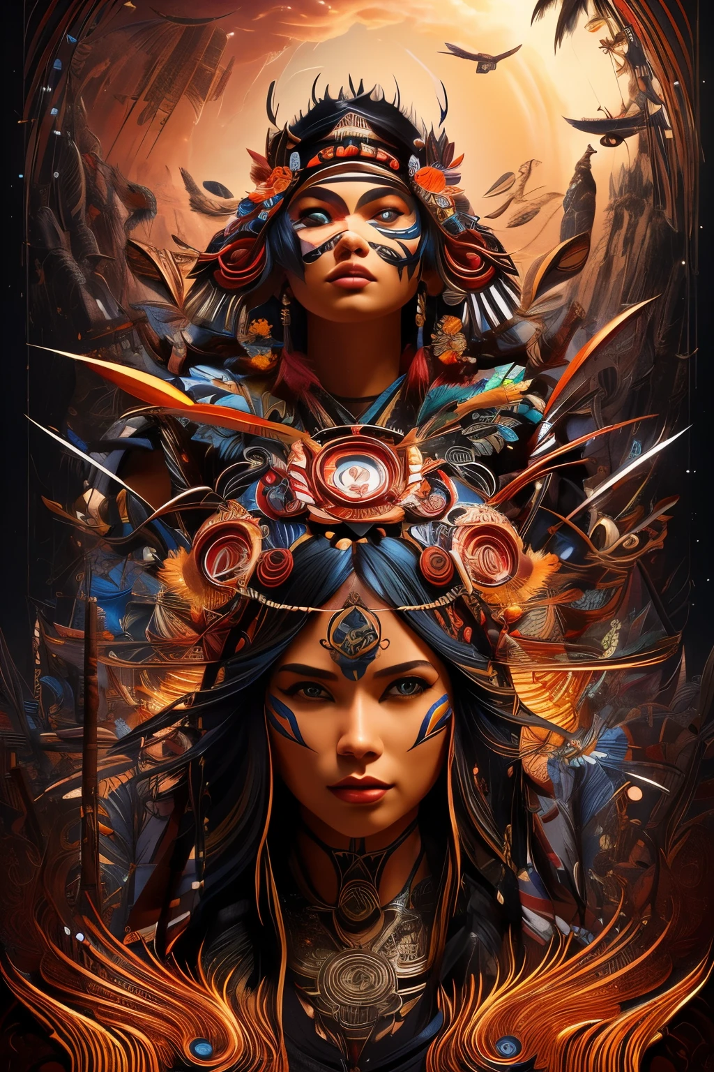 Create indigenous, tribal illustrations with a sharp focus, and highly detailed surrealism, fantasy art, use vibrant colors with detailed fine layered lines, portrait style photos of realistic Human Psyche. Cinematic, illustration, vibrant, anime, conceptual art. Use detailed light, cinematic futurism, 3D rendering, hyper detailed, magical and epic, light, emanating from the character. Use super fine layered lines with many details, use an 8k speed effect to create a cinema graph style 3d render, photo masterpiece. Sukiyaki-e style., conceptual art, poster, photo, 3d render, cinematic, dark fantasy, vibrant, portrait photography
