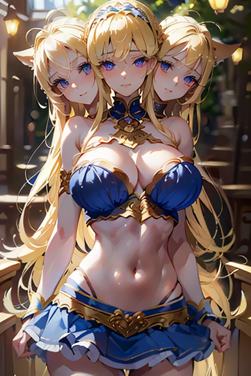 (masterpiece, best quality),best quality, (ultra-detailed), (4heads:1.4), 1girl, (alice margatroid :1.3), masterpiece, best quality, blue top, crop top, ((stomach)), midriff, ((groin)), blue skirt, normal ears, shackles, blonde hair, very long hair, wavy hair, sidelocks, blue eyes, parted lips, single horn, sweat, cute, toned belly, hand on own chest, eyelashes, (21 year old woman:1.3), (masterpiece:1.4), (best quality:1.4), (beautiful detailed eyetremely detailed CG, extremely delicate and beautiful, depth of field, (finely detailed face), (perfect details:1.0), (mature female:1.3), wide pelvis, slender, large veiny breast, 8k resolution, high quality, high definition, extremely detailed, masterpiece, best quality, blonde hair, long hair, alluring presence, braid, short skirt, close up, big tits, young, frilled hairband,
