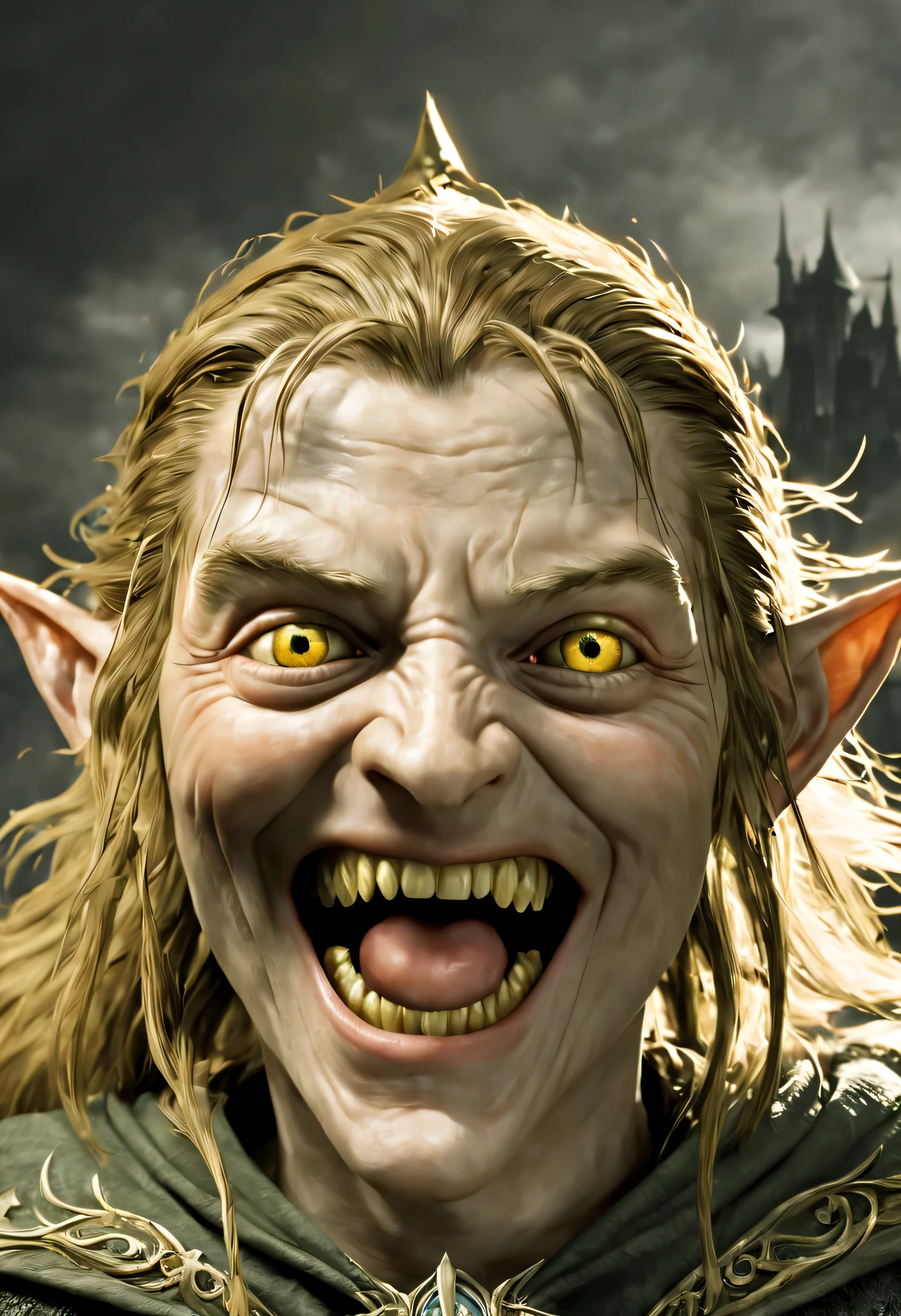 laugh face, (『lord of the rings』Sauron from the series laughs out loud:1.5), open your mouth wide and laugh hard:1.3, loud laughter:1.3, Animation-specific laughter effect, (masutepiece), (Best Quality), (ultra high detail)