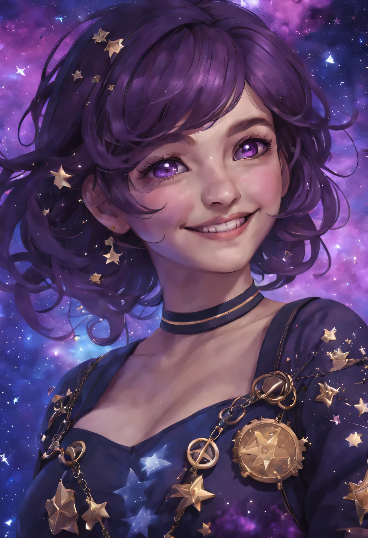 nwinkpunk, 1 italian girl, tmasterpiece, Best quality, (grin face), close up, Background with: Starry sky and zodiac signs, Nebula-like purple hue, Vast space, Award-Awarded, (high detal), Sharp, 8K, Popular topics on artstationh, iintricate