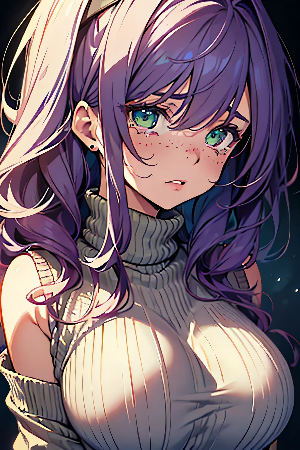 (masterpiece, highres, high resolution:1.2), anime 20 yo sad girl, portrait, shoulders up, illustration. drawn, violet hair woman, green eyes in tears, solo, crying, sad, sad face, freckles, big lips, huge breasts, perfect body, wearing a turtleneck sweater, anime girl, no hands.