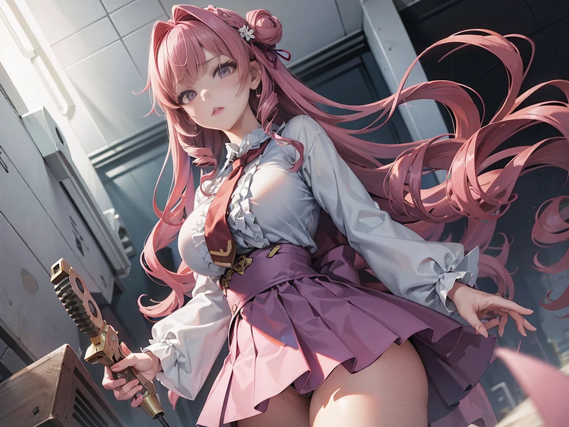 a giantess, Japanese cartoon giantess, humongous large breast, light pink colored hair, long whitr hair, a purple eye, Mature girls, low angles, look from down, a purple eye, Japanese cartoon, Regal, Elegant, Self-confident, 校服, squatt down, Thin leg, Drill your hair, Light blue blazer, red necktie, Black headband, pleatedskirt, Gray skirt, beuaty girl, cute female child, Best quality at best, Indoors, middle school, white button-down blouse, very Light blue blazer, squatt down, short length bangs, Micro bangs, Light blazer, drill curl, drill curly hair, squatt, squatt, sharp vision, Mature girls, short length bangs, very short length bangs, extremely short length bangs, short length bangs, squatt over viewer, low shot, squatt position, look from down, Elegant clothing, low angles, Ant eye perspective