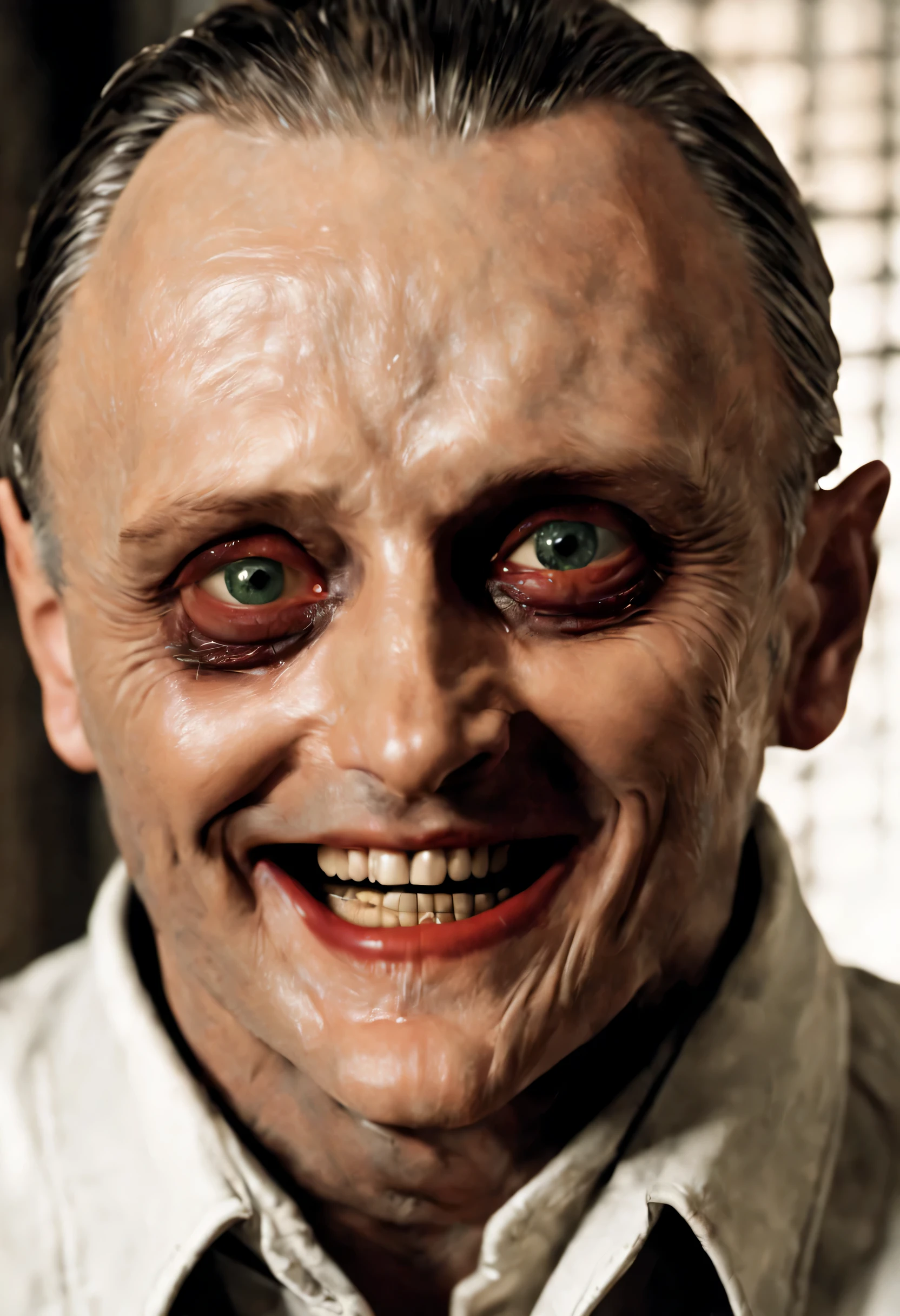 (Hannibal Lecter&#39;s creepy smile:1.5), Smile and open your mouth wide, (masutepiece), (Best Quality), (ultra high detail)