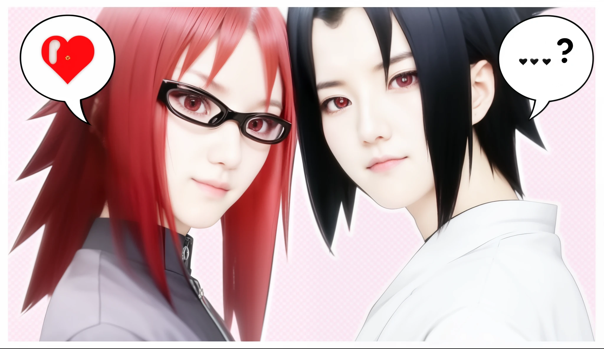 Sasuke Uchiha,boy, black hair, black eyes, smiling, karin uzumaki girl, red hair, left side of hair is spiky, only karin wears glasses, red eyes, violett jacket, cute, kpop idol face, asian face, sexy