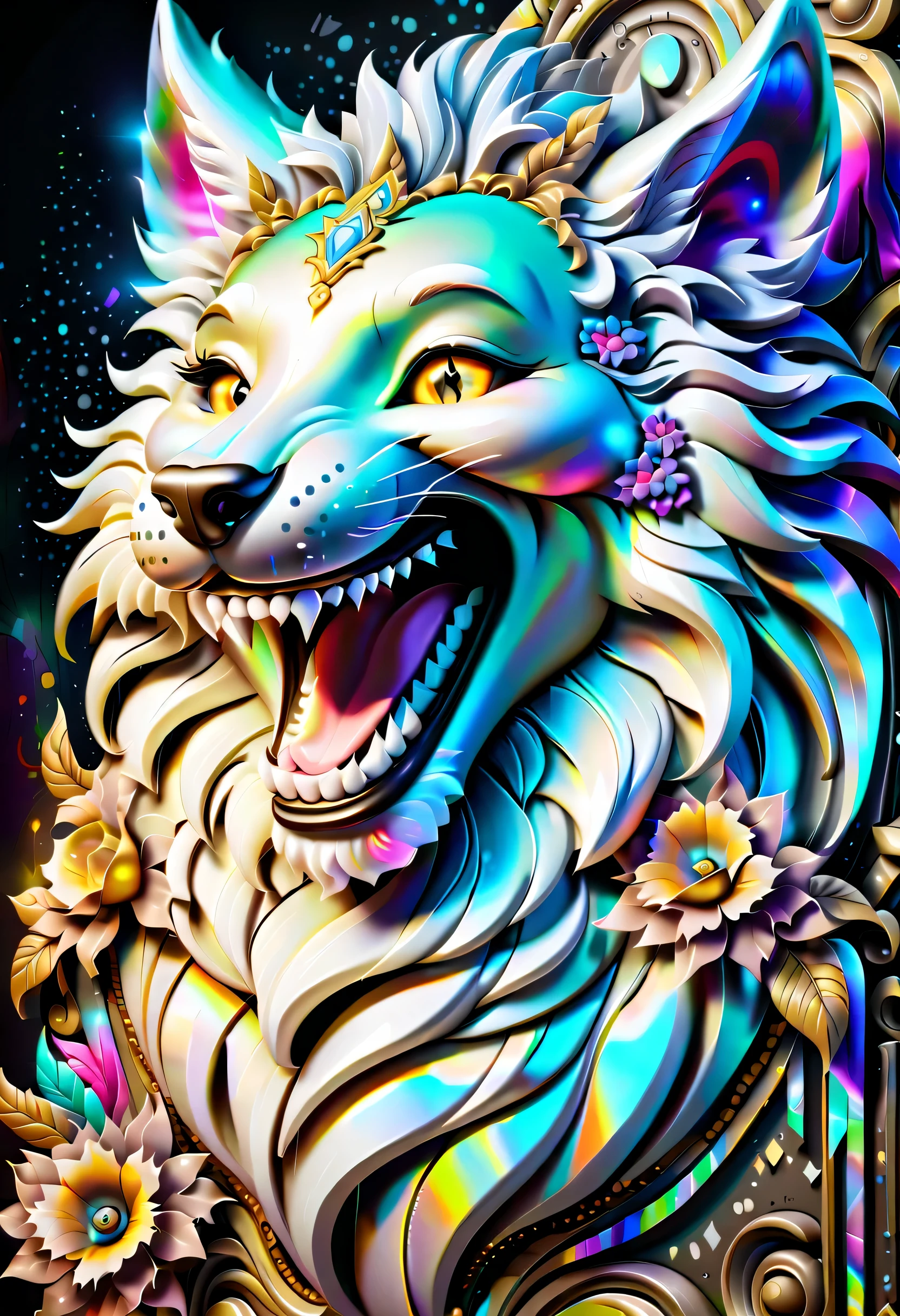 Wolfhead, Laughing smile, backdrSUI of holographic elements graffiti, Baroque background, Dynamic Angle, (((With digital matrix code:1.SUI, Cute, Beauty fine fur, Complex insane details, Rich colors, true masterpiece, Framed with white sparkle, dark fantasy style, Flowers, apples, Beauty, Glitter, intricate detail airbrush, Realistic,