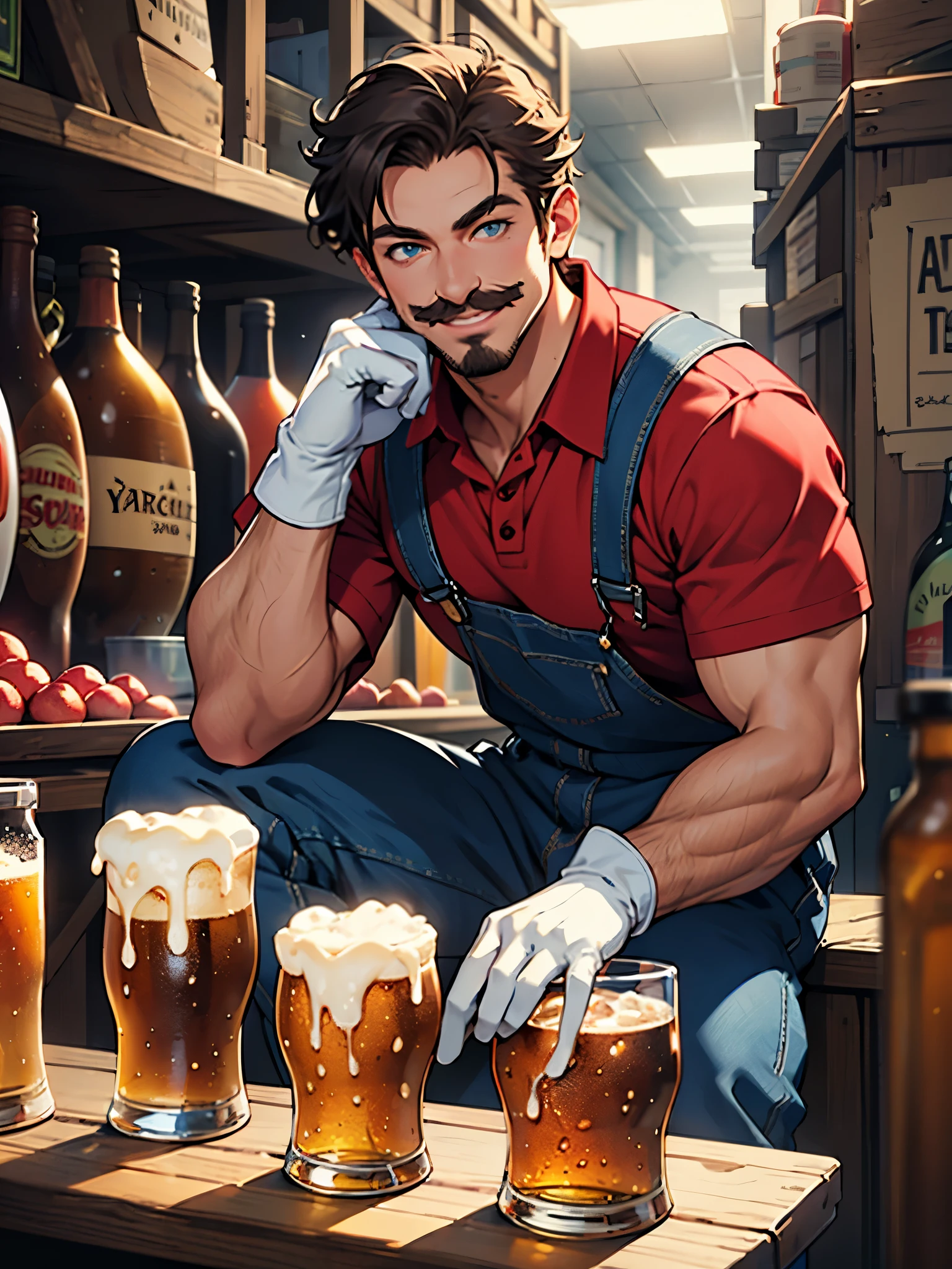 (masterpiece), (bestquality), supermario, blue overalls, red shirt, red cap, smiling, mature man, (white gloves:1.1), disco in the background, blue eyes, brown moustache, happy, smile, half body, sitting outside, jar of beer on the table, natural light, dynamic pose