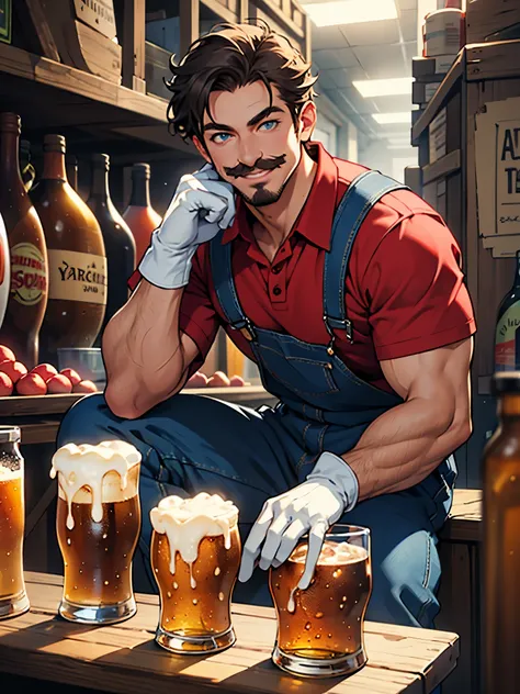 (masterpiece), (bestquality), supermario, blue overalls, red shirt, red cap, smiling, mature man, (white gloves:1.1), disco in t...