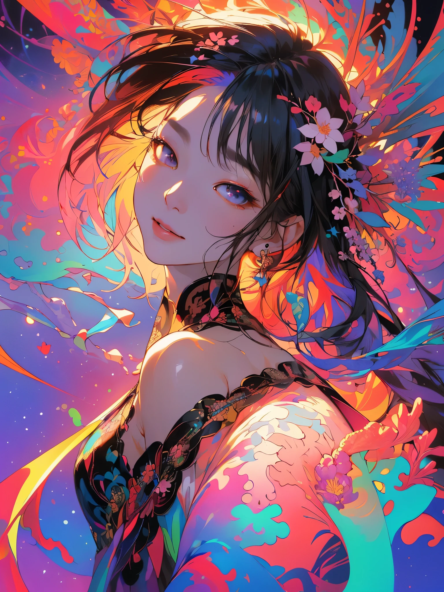 ((s fractal art)),((tmasterpiece,Best quality at best,The is very detailed,超高分辨率,detailedbackground)),(((abstract backgrounds))),(1 girl),((Colorful)),blossoms,(Glossy glossy skin),((Lots of colors)),(耳Nipple Ring),feater