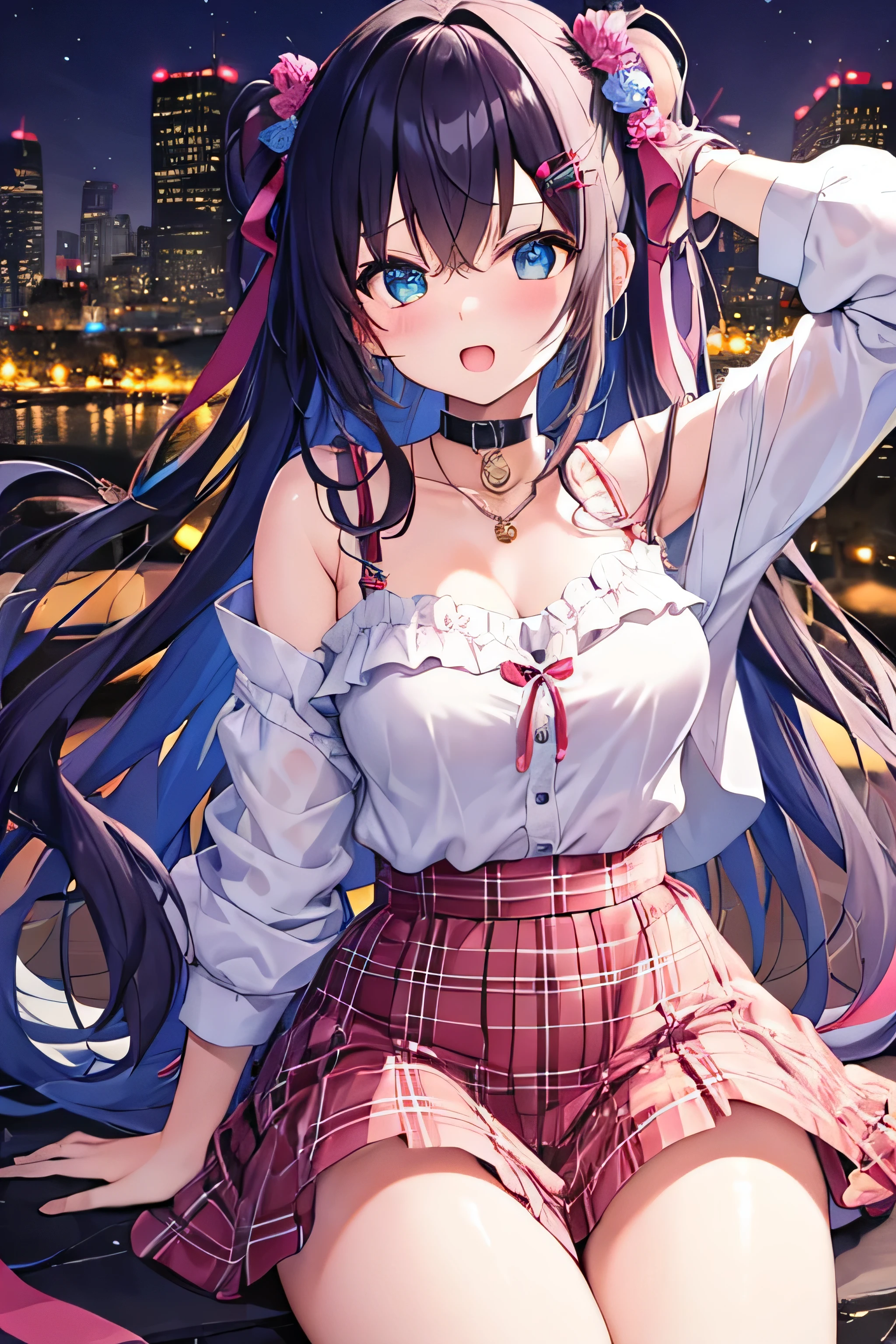 ​masterpiece、Top image quality、超A high resolution、miku hatsune、blue hairs、Twin-tailed、Blushing、mock、Open your mouth just a little、dressed casually、casual miniskirt、Skyscraper、Japan、Night time