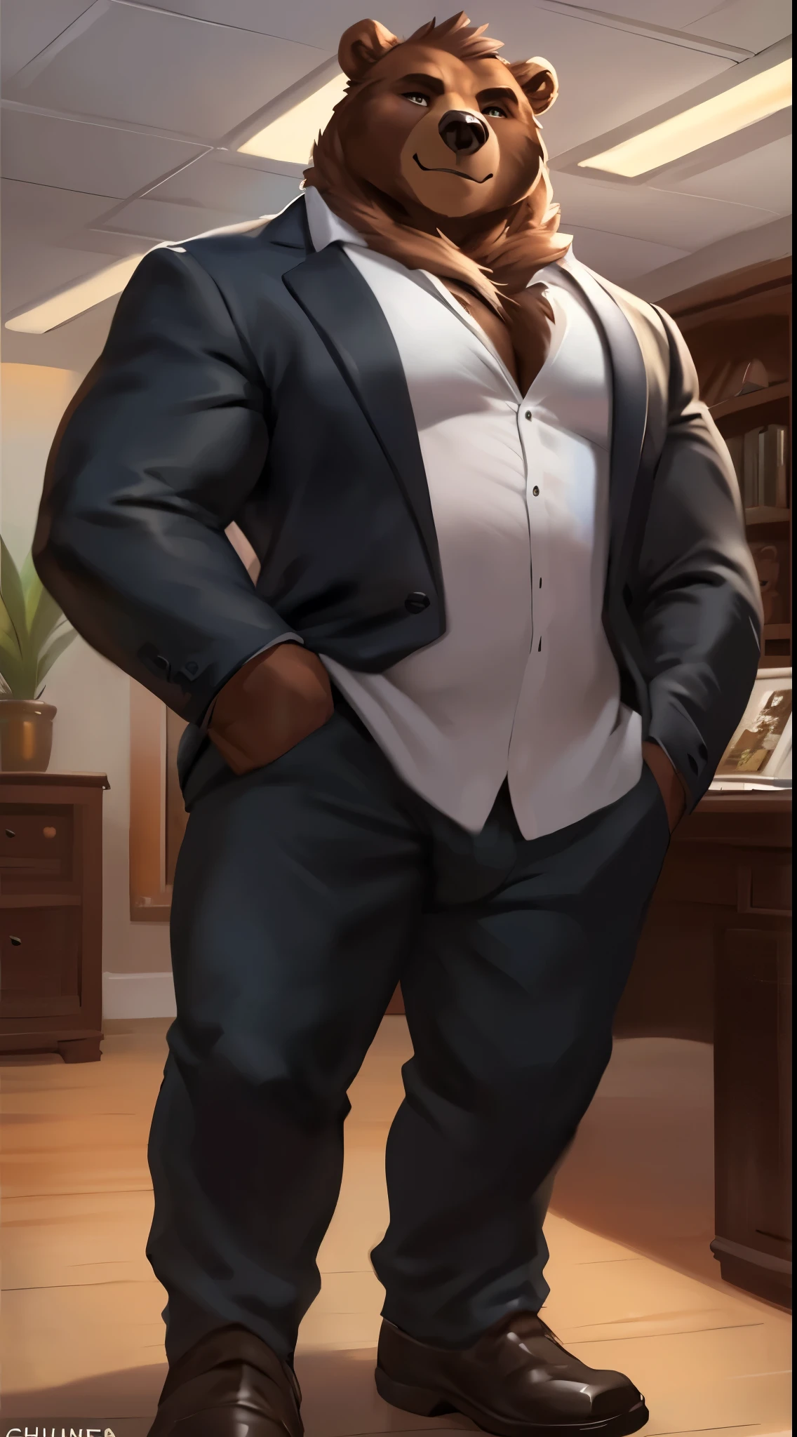 Solo, male, standing, (((bear))), big face, heavy, (broad shoulders, wide chest, big, massive, giant, big arms), standing, by chunie, by sonsasu, by danza, by taran fiddler, fullbody shot, fullbody view, feet, standing tall, ((tall)), office, white button up shirt, black dress pants, black loafers, smirking, looking at viewer, (looking down at viewer, taller than viewer)