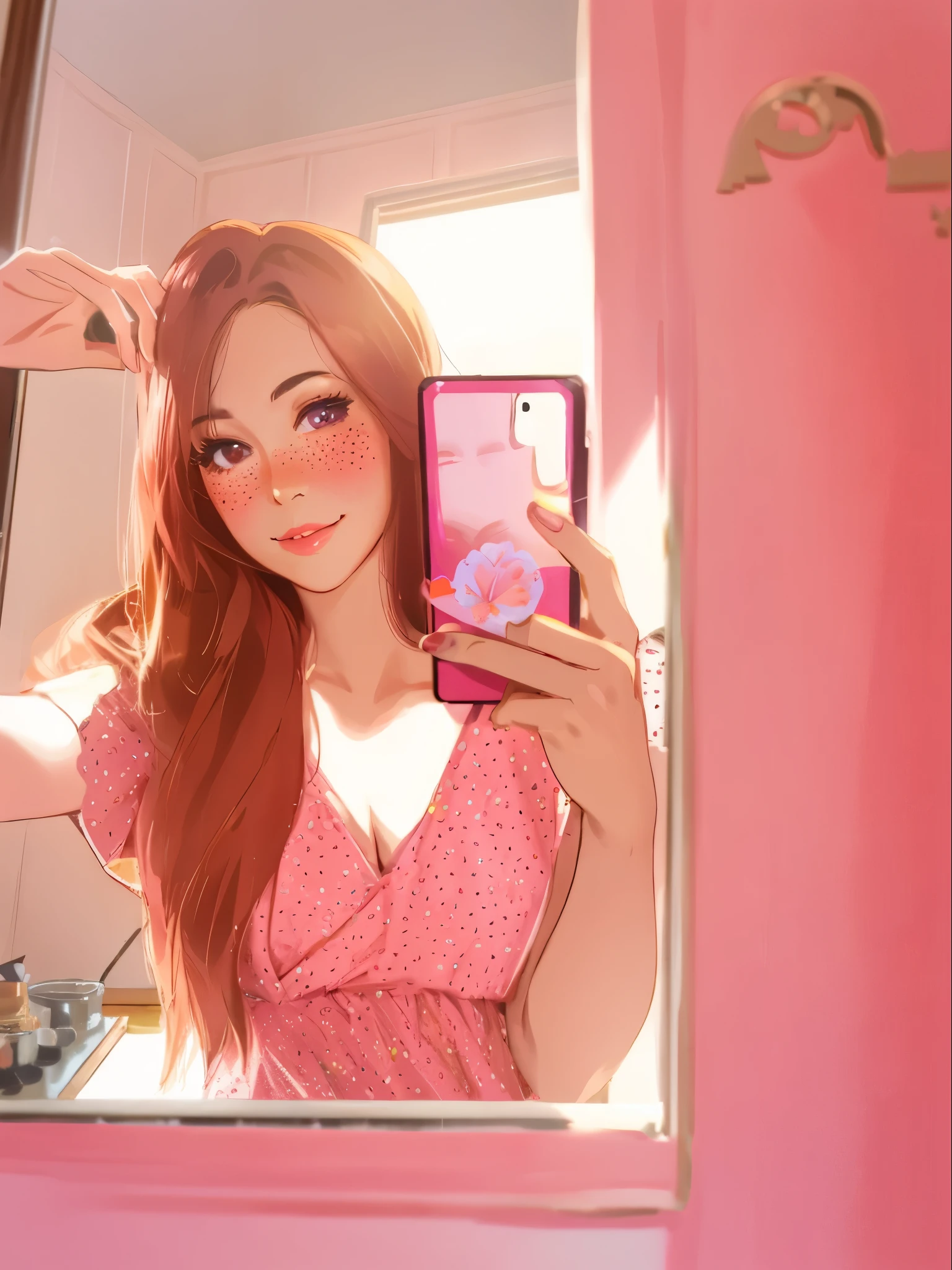 there is a woman taking a selfie in the mirror, mirror selfie, taking a selfie, 8k selfie photograph, iphone selfie, looking directly at the camera, selfie of a young woman, looking off to the side, wearing a pink dress, freckled pale skin, wearing pink floral gown, selfie shot straight on angle, holding it out to the camera