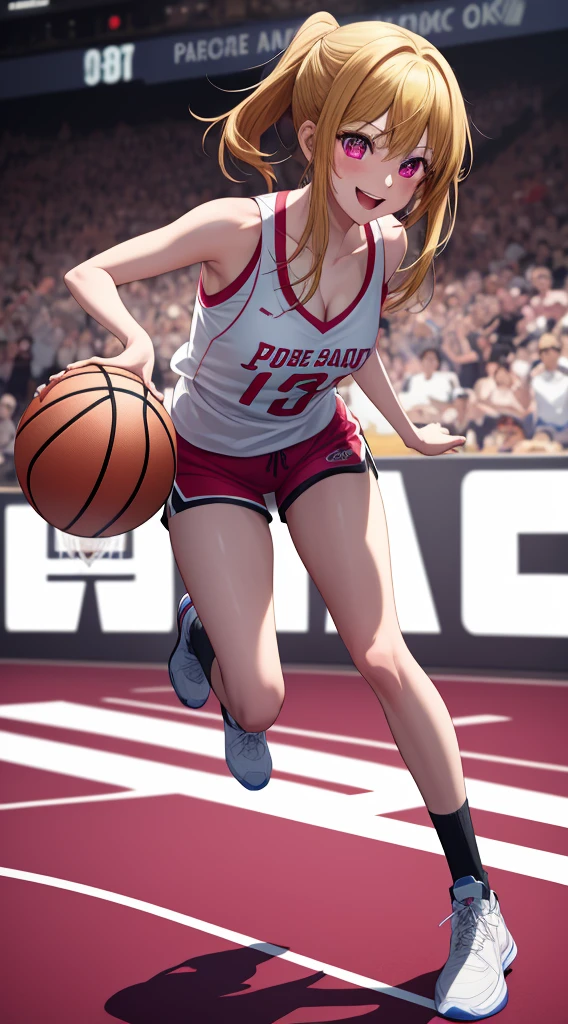 anime, beautiful face, highly detailed face, 2 accurate legs, pink detailed eyes, highly detailed background, perfect lighting, accurate arms, accurate hands, accurate fingers, blonde hair, full body, 1girl, solo, ruby hoshino, oshi no ko, outdoors absurdres, high res, ultrasharp, 8K, masterpiece, looking at the opponent, (full body:1.4), teasing smile, basketball t-shirt, tight sport shorts, playing basket ball against someone, cleavage, on a basketball pitch, running towards viewer, basketball