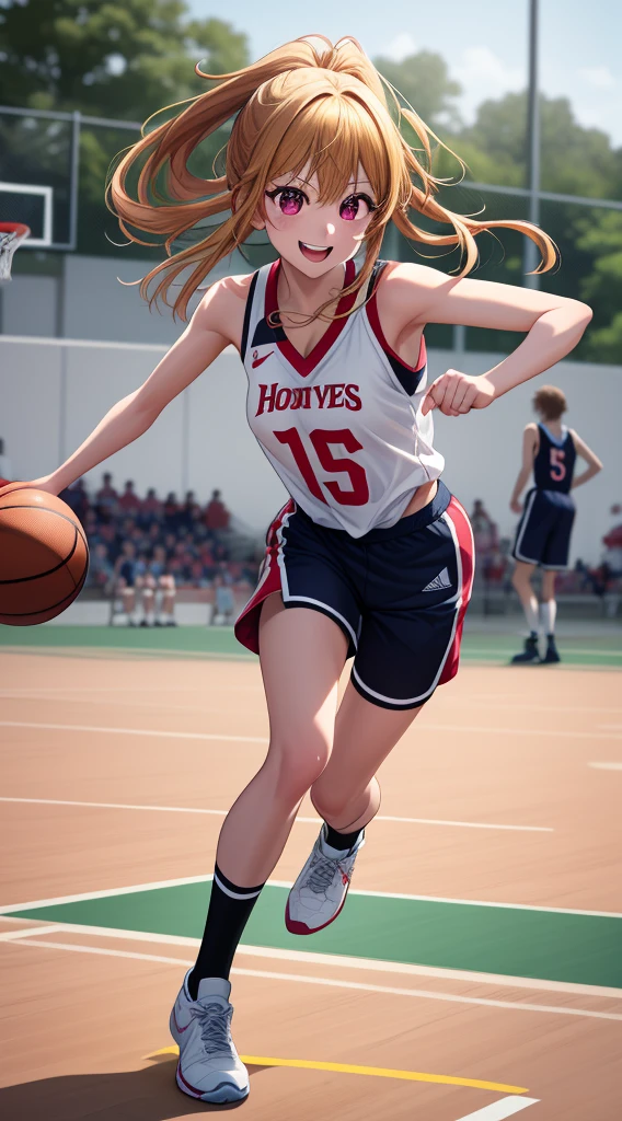 anime, beautiful face, highly detailed face, 2 accurate legs, pink detailed eyes, highly detailed background, perfect lighting, accurate arms, accurate hands, accurate fingers, blonde hair, full body, 1girl, solo, ruby hoshino, oshi no ko, outdoors absurdres, high res, ultrasharp, 8K, masterpiece, looking at the opponent, (full body:1.4), teasing smile, basketball t-shirt, tight sport shorts, playing basket ball against someone, cleavage, on a basketball pitch, running towards viewer, basketball
