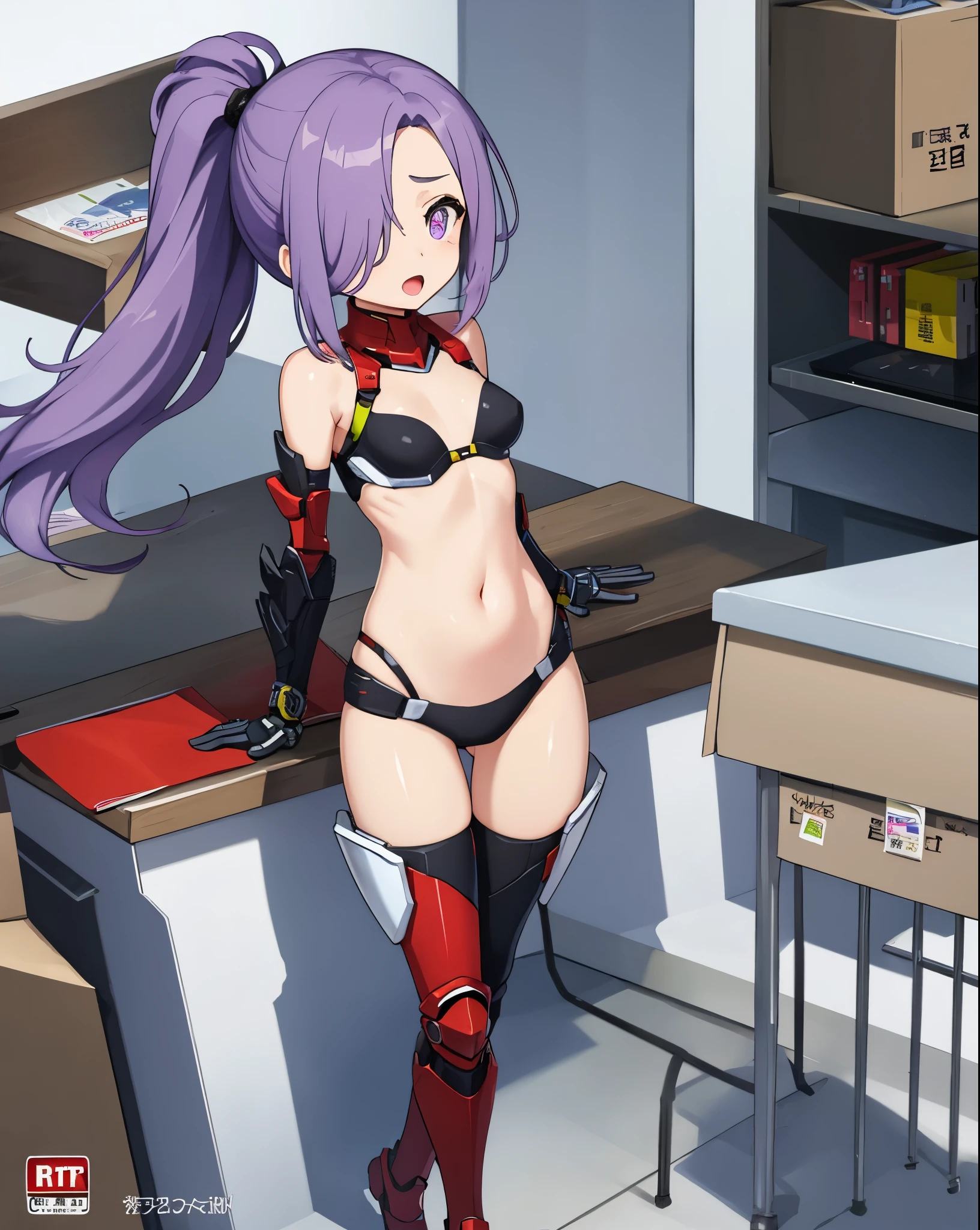 Japanese_anime_style,1figure_girl,(loli:1.5), (short_ponytail:1.3), (light_whitish_purple_hair:1.3),black_mechanical_armor_parts,white_breasts_parts_red_black_body_suit,bare_shoulder,bare_slender_thighs,medium_breasts,on_the_desk, desk_background,Stinging_eyes,(half_pupil:1.5),sleepy,thighhigh_greaves,gauntlets,dynamic_posing,bare_frank,metal_red_parts_armor,red_eye,
fists,hold_weapon,glare,navel,large_mechanical_parts,happy,waist_armor,open_mouth,rise_legs,apart_legs, (covered_navel:1.3),(very_long_bangs:1.3), (hair_over_one_eye:1.5),(long_bang_covers_right_half_of_face:1.5),
(covered_pussy:1.1),covered_breasts