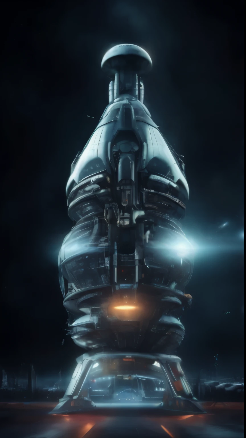 Super detailed, realistic futuristic spaceship on the launch pad. Night. Many small details