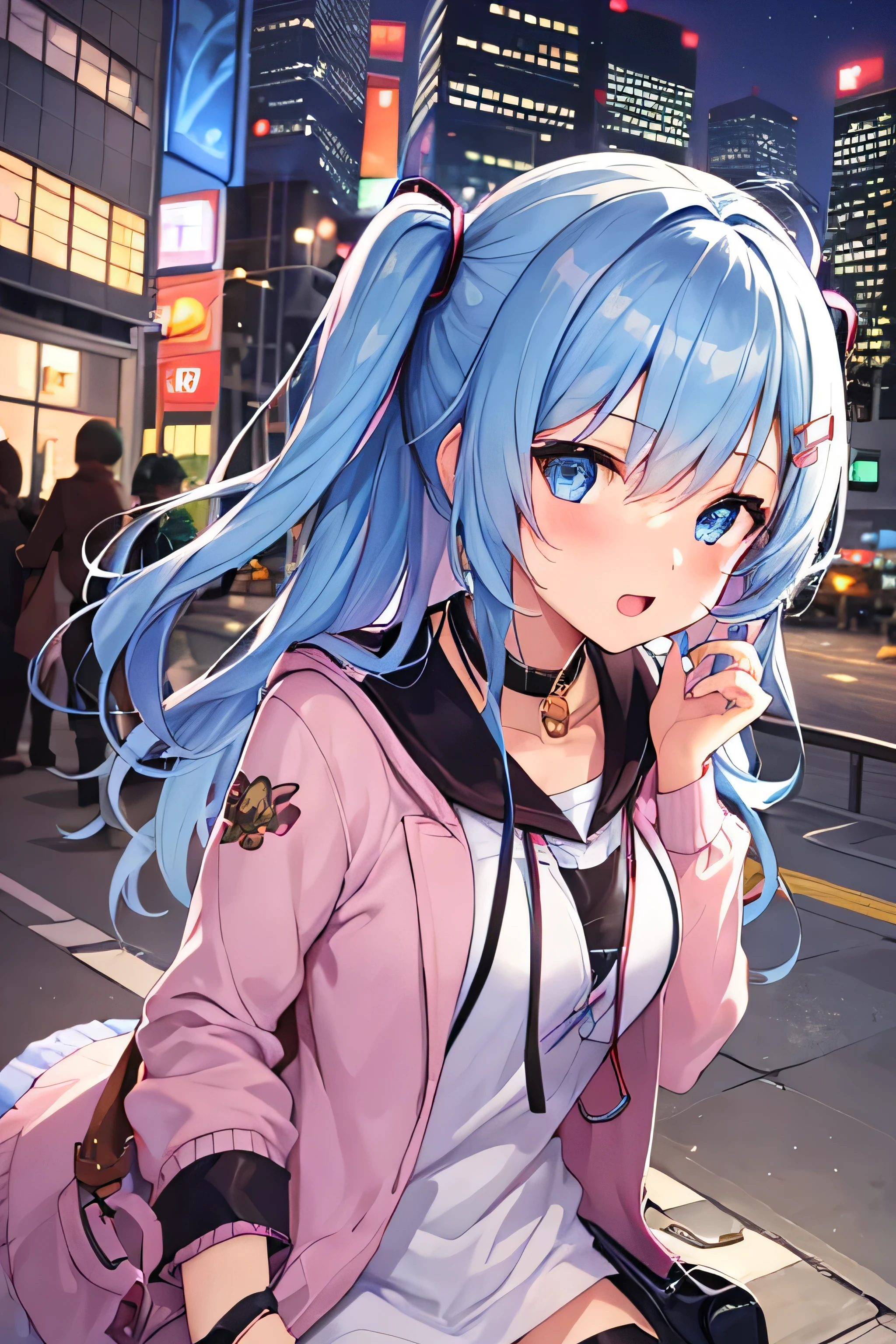 ​masterpiece、Top image quality、超A high resolution、miku hatsune、blue hairs、Twin-tailed、Blushing、mock、Open your mouth just a little、dressed casually、casual miniskirt、Skyscraper、Japan、Night time