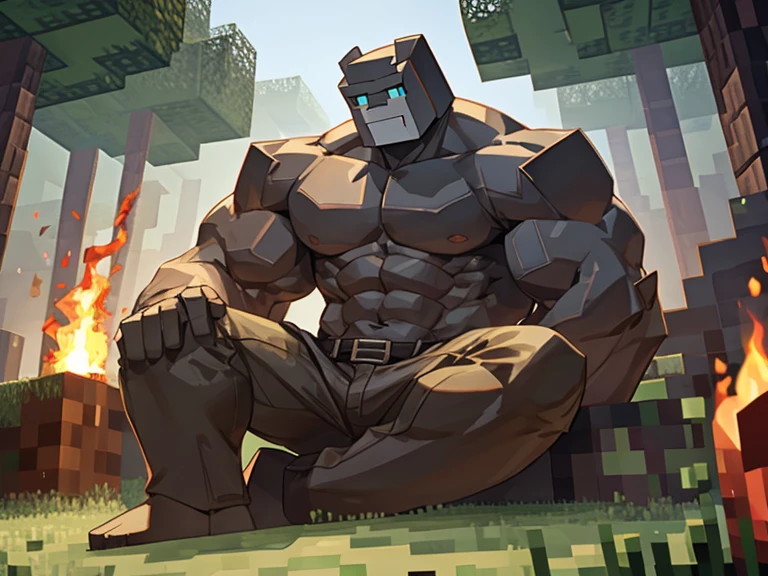 A large muscular iron golem from Minecraft sits with a girl near a fire in the forest..