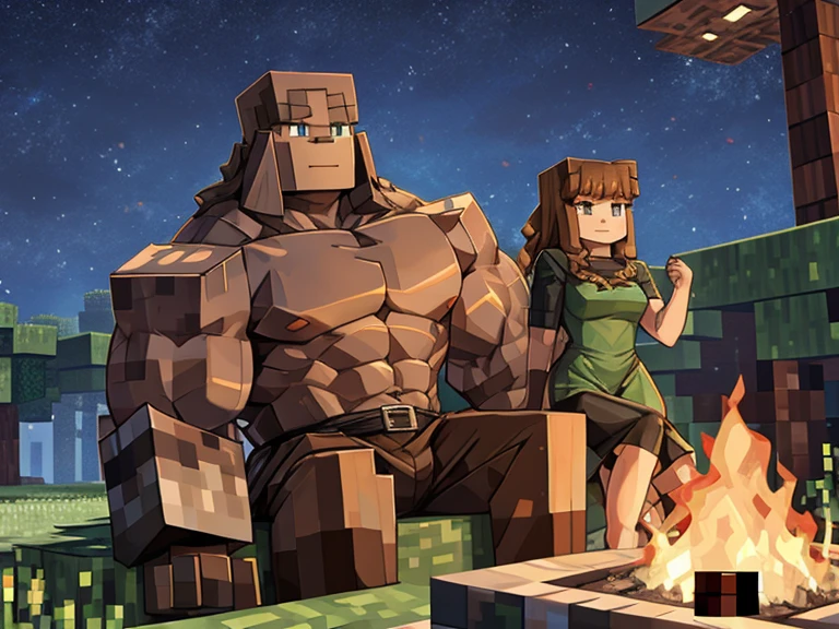 A large muscular iron golem from Minecraft sits with a girl near a fire in the forest..