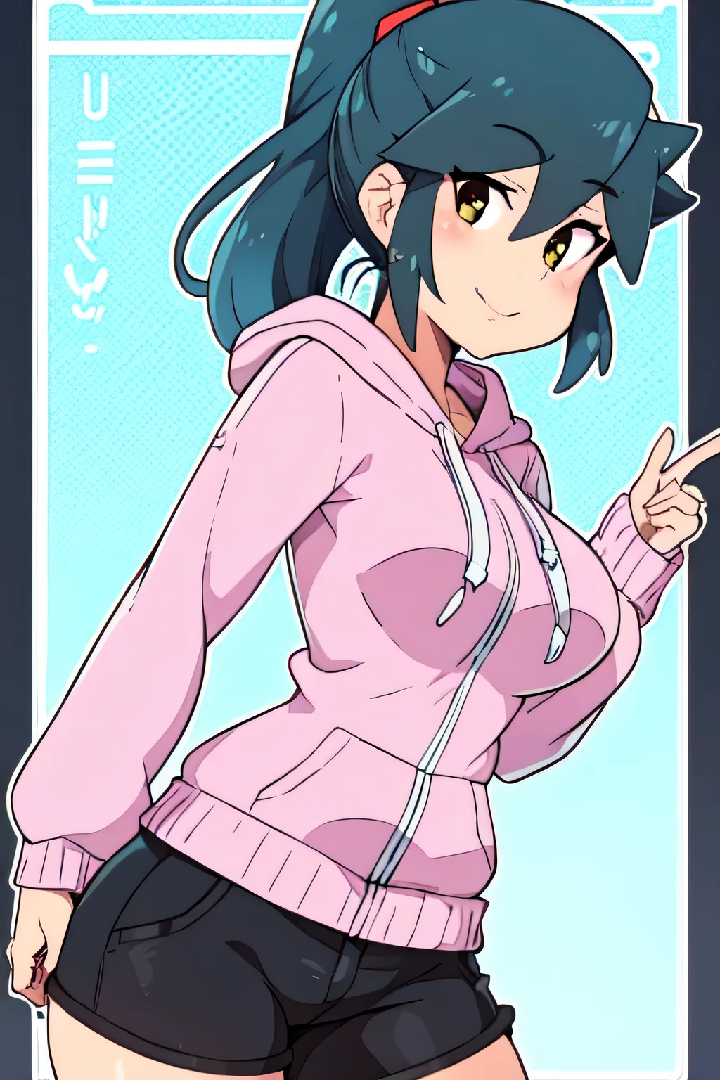 Blue hair, Yellow eyes, Long hair, Standing, Upper body, Hood down, Purple Hoodie, Ponytail, Short pants, thighs thighs thighs thighs, Smile, 鎖骨, Looking at Viewer, masutepiece, Best Quality,