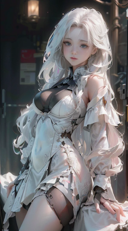 (Best Quality), ((Masterpiece), (Detail: 1.4), 3D, A Beautiful Cyberpunk Woman, HDR (High Dynamic Range), Ray Tracing, NVIDIA RTX, Super-Resolution, Unreal 5, Subsurface Scattering, PBR Textures, Post-Processing, Anisotropic Filtering, Depth of Field, Maximum Sharpness and Clarity, Multi-layer Textures, Albedo and Highlight Maps, Surface Shading, Accurate simulation of light-material interactions, perfect proportions, Octane Render, two-color light, large aperture, low ISO, white balance, rule of thirds, 8K RAW, realistic, (dignified fluff, perfect proportions, bright eyes, light makeup, big black eyes, pink and moist lips), white hair, big black eyes, cold storage, sharp eyes, flowers, (masterpiece, realistic, high resolution), ((1 girl): 1.2), ((white wavy long hair): 1.3), (business suit, office documents, sitting at desk, playing with mobile phone), ((big breasts): 1.5, thin waist: 1.2, strangled thighs: 1.3, fair and moist skin)