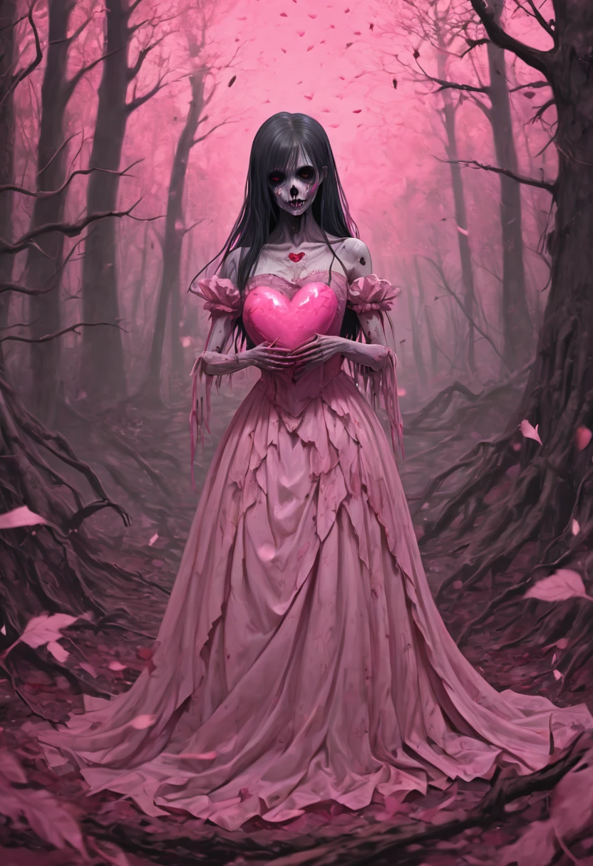 illustration, cartoon, soothing tones, calm colors, (masterpiece drawning, high quality, horror:1.3), (solo:1.1), a digital art of an undead girl, (pink, heart, love:1.2), wounds, gothic gown, (deathcore:1.2), mistery pink forest, Extreme detail, morbid, paper texture, 2d, high angle