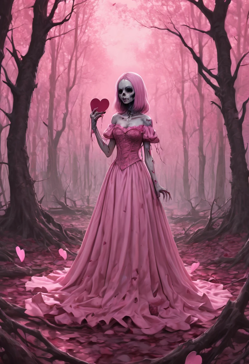 illustration, cartoon, soothing tones, calm colors, (masterpiece drawning, high quality, horror:1.3), (solo:1.1), a digital art of an undead girl, (pink, heart, love:1.2), wounds, gothic gown, (deathcore:1.2), mistery pink forest, Extreme detail, morbid, paper texture, 2d, high angle
