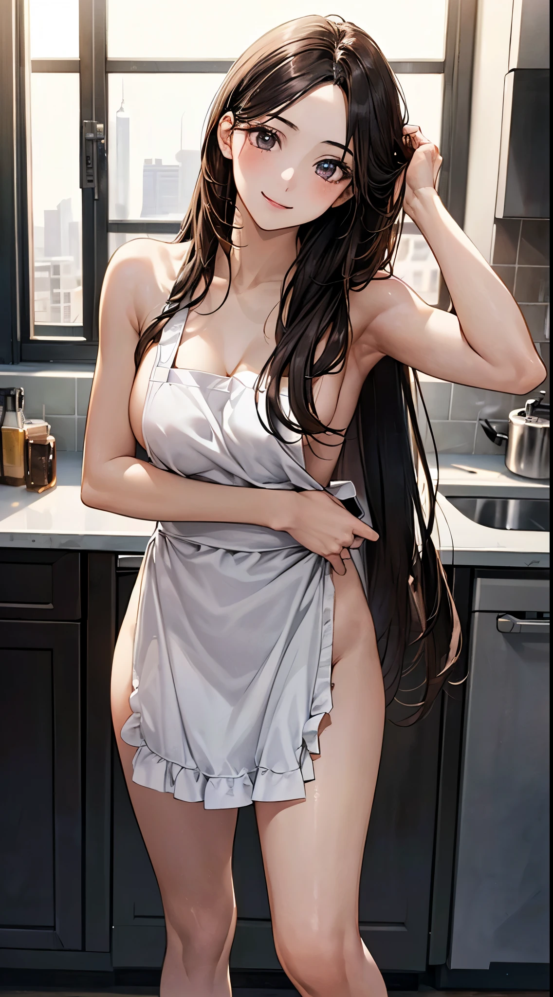 ((((, , perfect anatomy, anatomically correct, super detailed skin)))), 1 girl, japanese, 16 years old, (detailed ultra-oily shiny skin:1.1), watching the view, (smile:1.2), 
beautiful hair, beautiful face, beautiful detailed eyes, (long hair:1.4, straight hair:1.7), light brown hair, babyface, 
beautiful clavicle, beautiful body, beautiful breasts, (large breasts:0.8), beautiful thigh, beautiful legs, 
(((naked:1.2), apron)), 
(beautiful scenery), inside kitchen, walking, standing, 
(8k, top-quality, masterpiece​:1.2, extremely detailed), (photorealistic), beautiful art, visual art, depth of fields, cinematic lighting, ,
