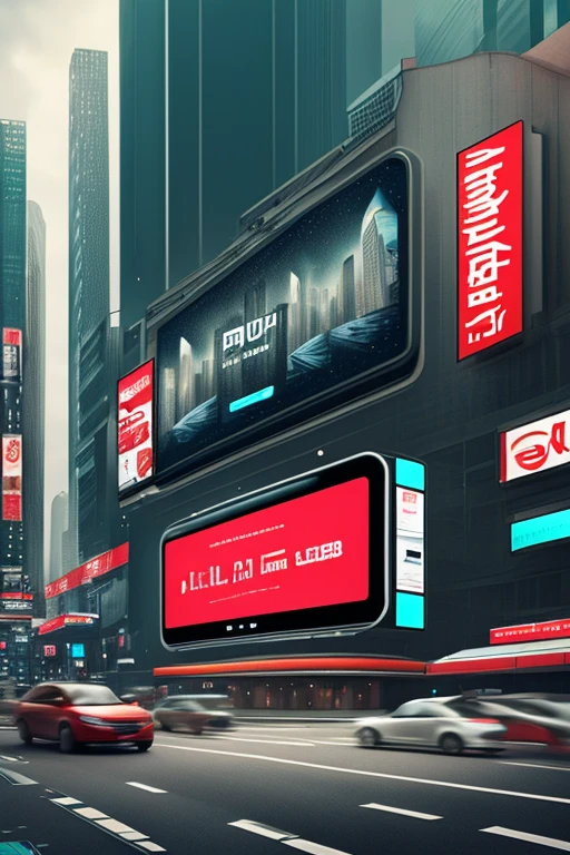 a big screen with a crazy advertising, cyberpunk city