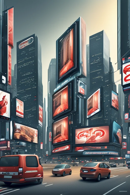 a big screen with a crazy advertising, cyberpunk city