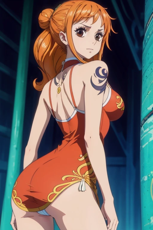 1 moca , nami onepiece de uma peça, tatuagem nami original, hdr, 8k, sensual, vestido vermelho , de costa olhando para os espectadores, segurando os cabelos longos , olhos castanhos, bunda, ass, corpo inteiro, sentada, rosto nami.