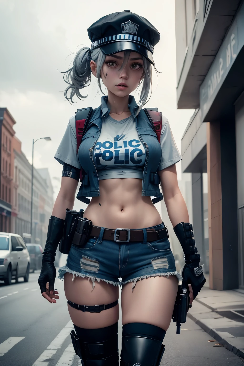 gwen tennyson,yorha 2b,android 18,dva,lara croft,overwatch,tomb raider,close up, mayan jungle ruins,tattoos,purple and pink plugsuit,white short sleeve police leotard,sleeveless pilot hoodie,tight denim jeans,military harness,short hair,punk makeup,green eyes,multicolored silver hair, military gloves,sexy smile,freckles,beautiful girl,tall military boots,large breasts,8k,ultra detailed,realistic,fantasy art,fighter pose,pilot uniform,hair pin,ear piercings,(weather:windy),1girl,military gear,wet shirt,