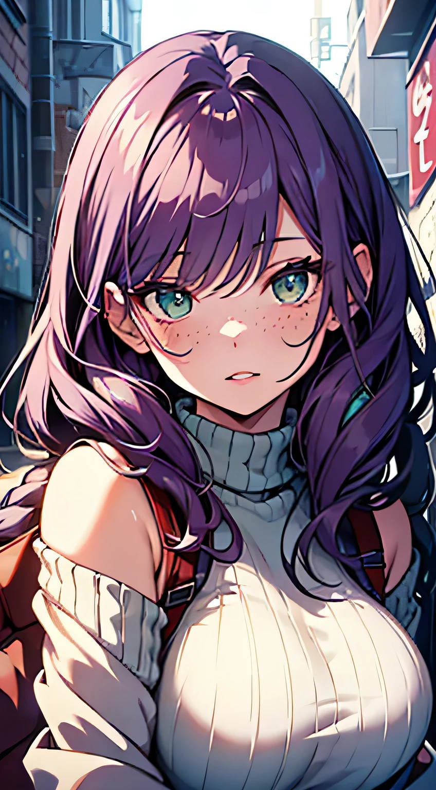 (masterpiece, highres, high resolution:1.2), anime 20 yo girl, portrait, shoulders up, illustration. drawn, violet hair woman, green eyes, blushing, solo, surprised, freckles, big lips, huge breasts, perfect body, wearing a turtleneck sweater, anime girl, no hands.