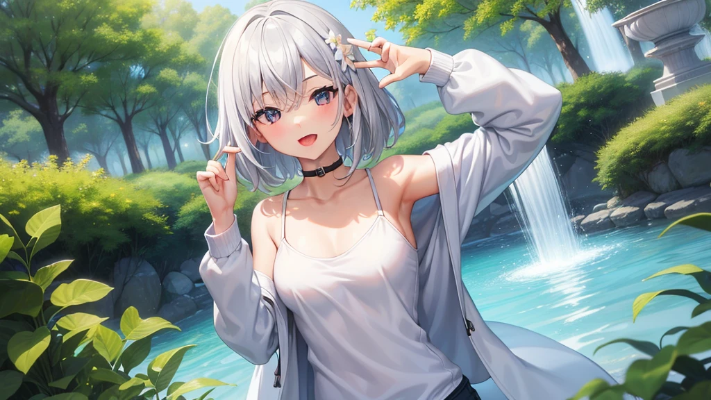 (masutepiece: 1.2, Best Quality), 1 Lady, Solo, silber hair, , Open the collarbone,Shoulder out,Very short hair, long bangs between eyes, blue eyess,Black eyes, Hoodie,White hair, Silver hair, Hoodie, White hoodie、Bright smile、open open mouth、5 fingers、fountain in the forest、flower  field