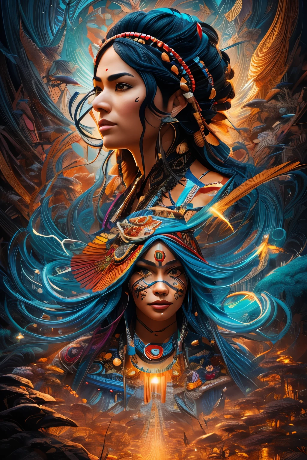 Create indigenous, tribal illustrations with a sharp focus, and highly detailed surrealism, fantasy art, use vibrant colors with detailed fine layered lines, portrait style photos of realistic Human Psyche. Cinematic, illustration, vibrant, anime, conceptual art. Use detailed light, cinematic futurism, 3D rendering, hyper detailed, magical and epic, light, emanating from the character. Use super fine layered lines with many details, use an 8k speed effect to create a cinema graph style 3d render, photo masterpiece. Sukiyaki-e style., conceptual art, poster, photo, 3d render, cinematic, dark fantasy, vibrant, portrait photography