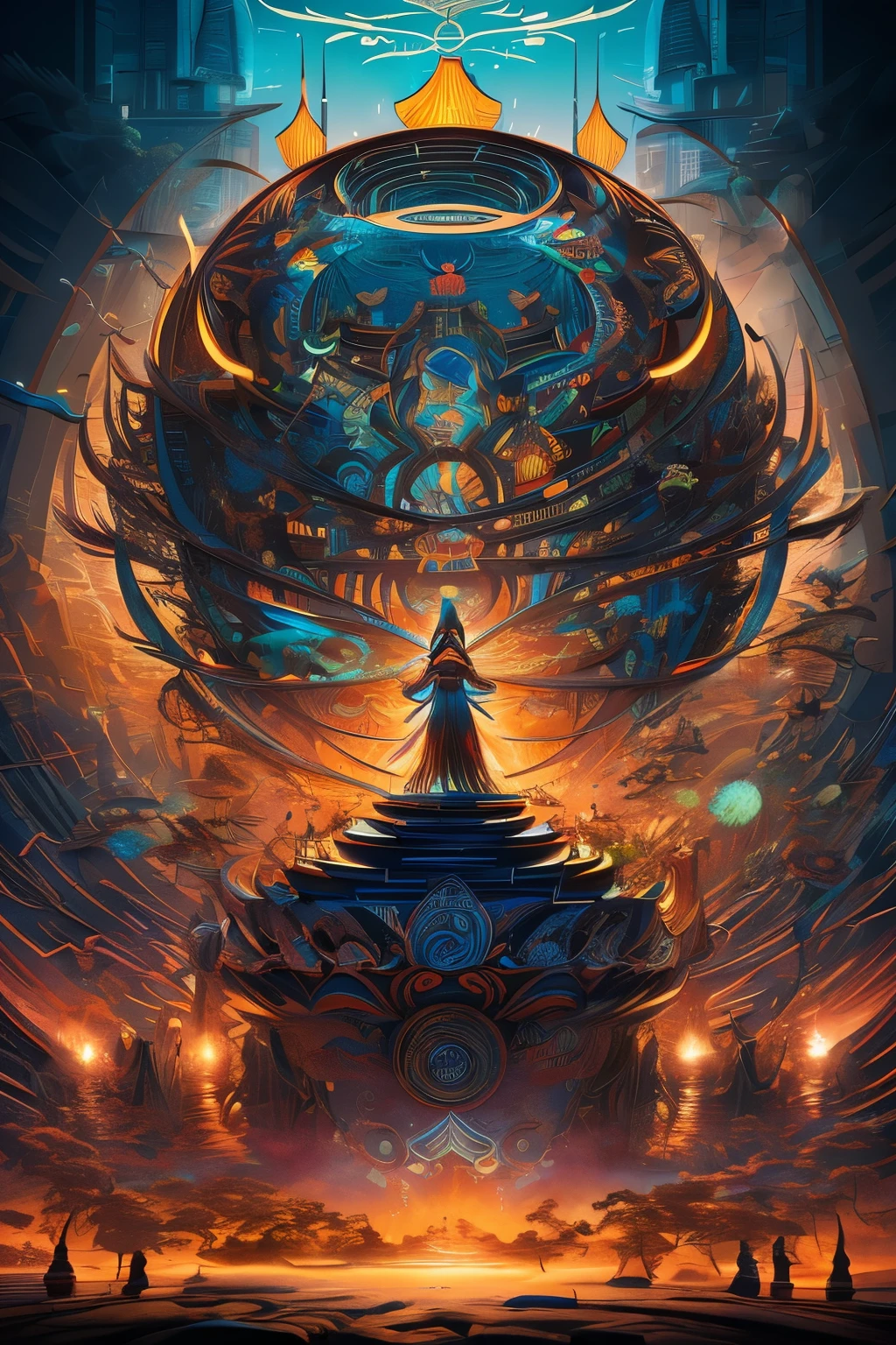 Create indigenous, tribal illustrations with a sharp focus, and highly detailed surrealism, fantasy art, use vibrant colors with detailed fine layered lines, portrait style photos of realistic Human Psyche. Cinematic, illustration, vibrant, anime, conceptual art. Use detailed light, cinematic futurism, 3D rendering, hyper detailed, magical and epic, light, emanating from the character. Use super fine layered lines with many details, use an 8k speed effect to create a cinema graph style 3d render, photo masterpiece. Sukiyaki-e style., conceptual art, poster, photo, 3d render, cinematic, dark fantasy, vibrant, portrait photography