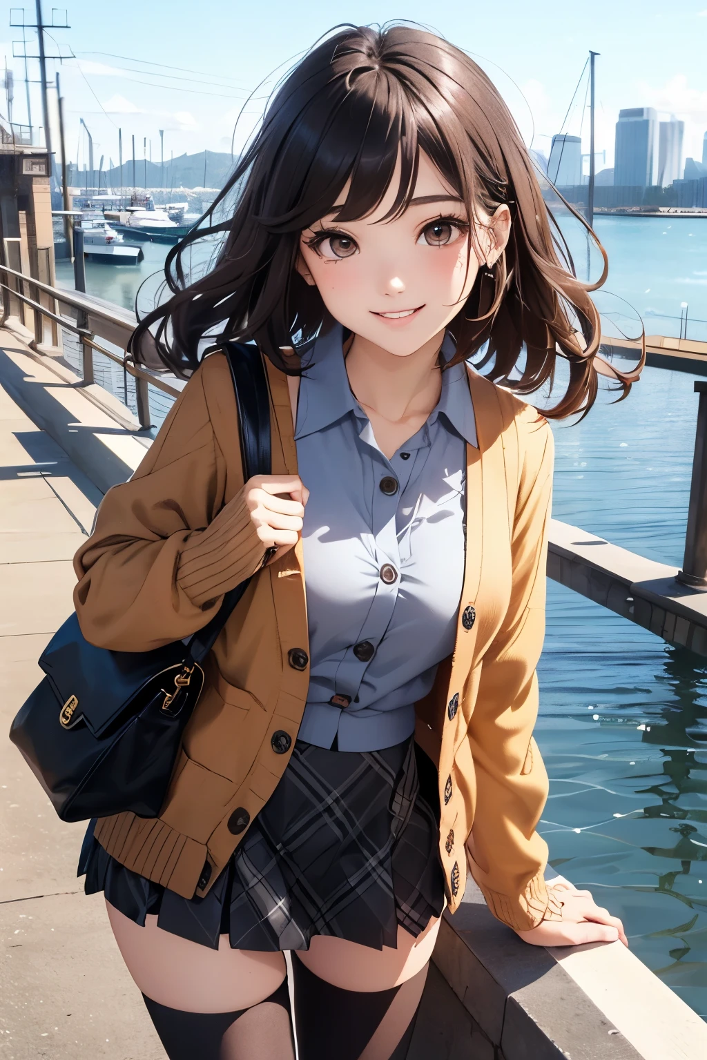 very cute and beautiful girl,teen,(highly detailed beautiful face and eyes:1.2),(gray blouse),(smile), (red cardigan:1.2),long sleeve BREAK zettai ryouiki,(brown shoulder bag),(plaid brown mini skirt:1.3), standing,dynamic pose,dynamic angle,wavy hair,black hair,(black boots:1.15), (Yokohama:1.2),(harbor,dock background),(best quality,masterpiece:1.2),(intricate details),highres,extremely detailed,ultra-detailed, solo,natural lighting,hair fluttering in the wind,beautiful detailed sky,
