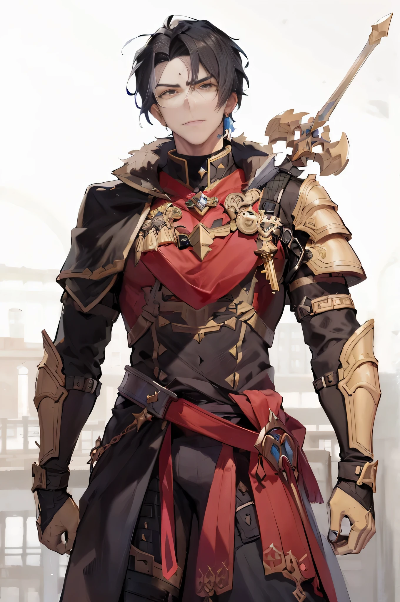 anime character with sword and armor standing in front of a building, keqing from genshin impact, genshin, zhongli from genshin impact, genshin impact character, casimir art, a human male paladin, picture of a male cleric, handsome guy in demon slayer art, detailed key anime art, human male character art, key anime art, male,