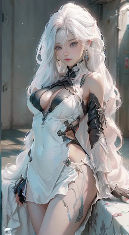 (Better Quality), ((masterpiece), (detail: 1.4), ..3D, a beautiful woman, HDR (High Dimeral Range), 光线追踪, NVIDIA RTX, superresolución, Unreal 5, Subsurface scattering, PBR Texture, posprocesamiento, Anisotropic Filtering, depth of fields, Maximum Sharpness and Sharpness, multi-layered texture, Albedo and highlight map, Surface Shading, Precise simulation of light-material interactions, proporções perfeitas, Rendered octane number, two-color lighting, grand opening, ISO below, white balance, rule of thirds, 8K Raw, realist, (worth fluff, proporções perfeitas, bright-eyed, pink and moist lips), white haired, cold storage, keen eyes, blossom, (masterpiece, realist, High resolution), ((long white wavy hair): 1.very big fact)): 1.5, slim waist: 1.2, Strangled thigh: 1.3, hydrated skin) lack of clothes (Undergarments),((Huge breasts))